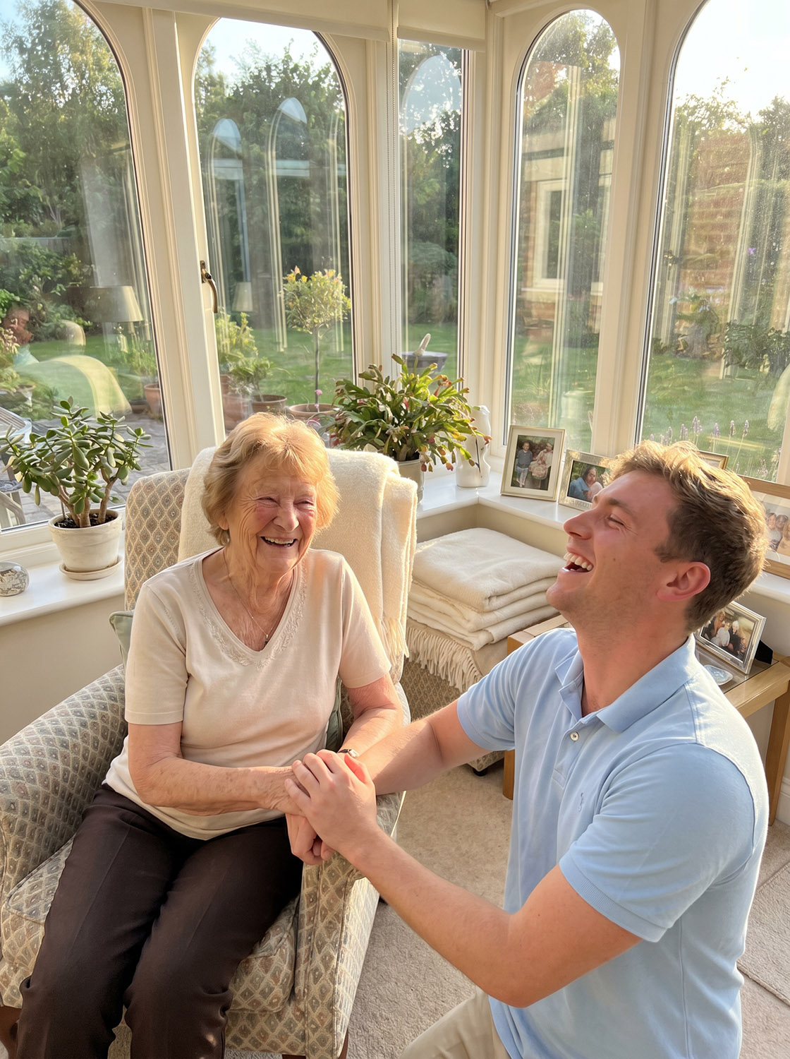 Smiling caregiver with an elderly couple in a cozy living room